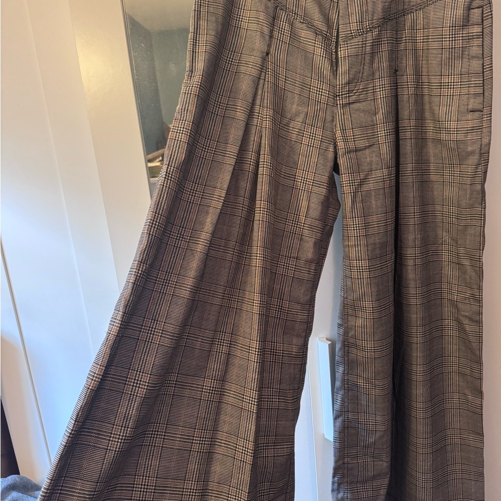 Free People Women's Brown Plaid wide leg pleated Trousers